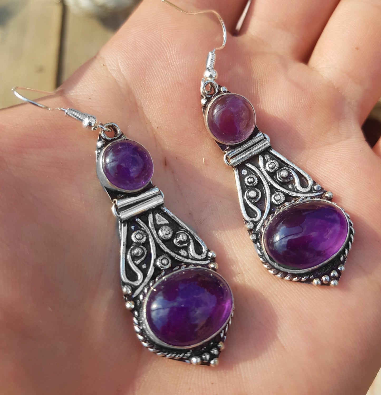 Ethnic Amethyst Earrings Sterling Silver Dangle Earrings Boho Gemstone Earrings Unique Gift For Her