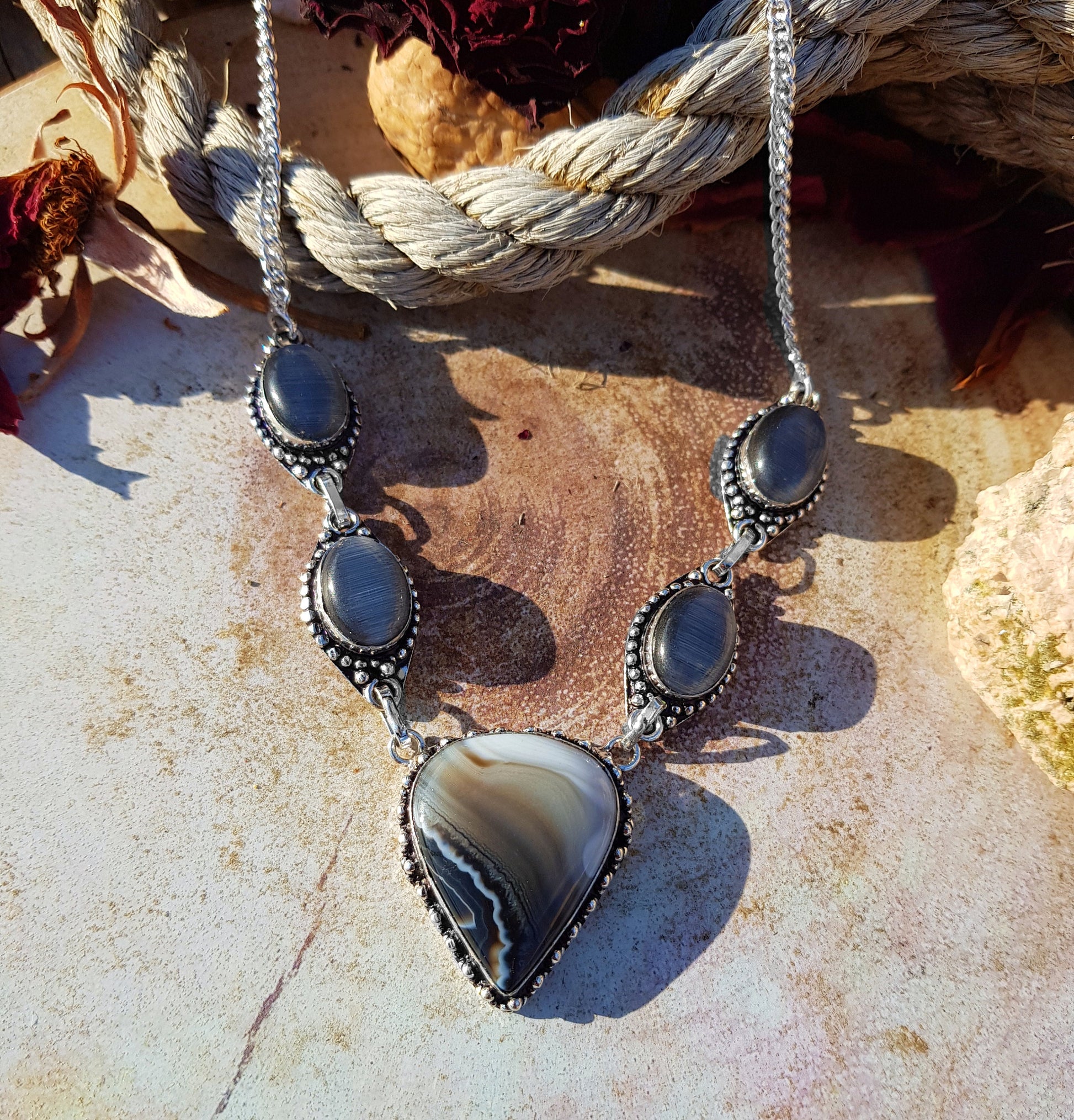 Botswana Agate And Hematite Statement Necklace In Sterling Silver, Multi Stone Necklace