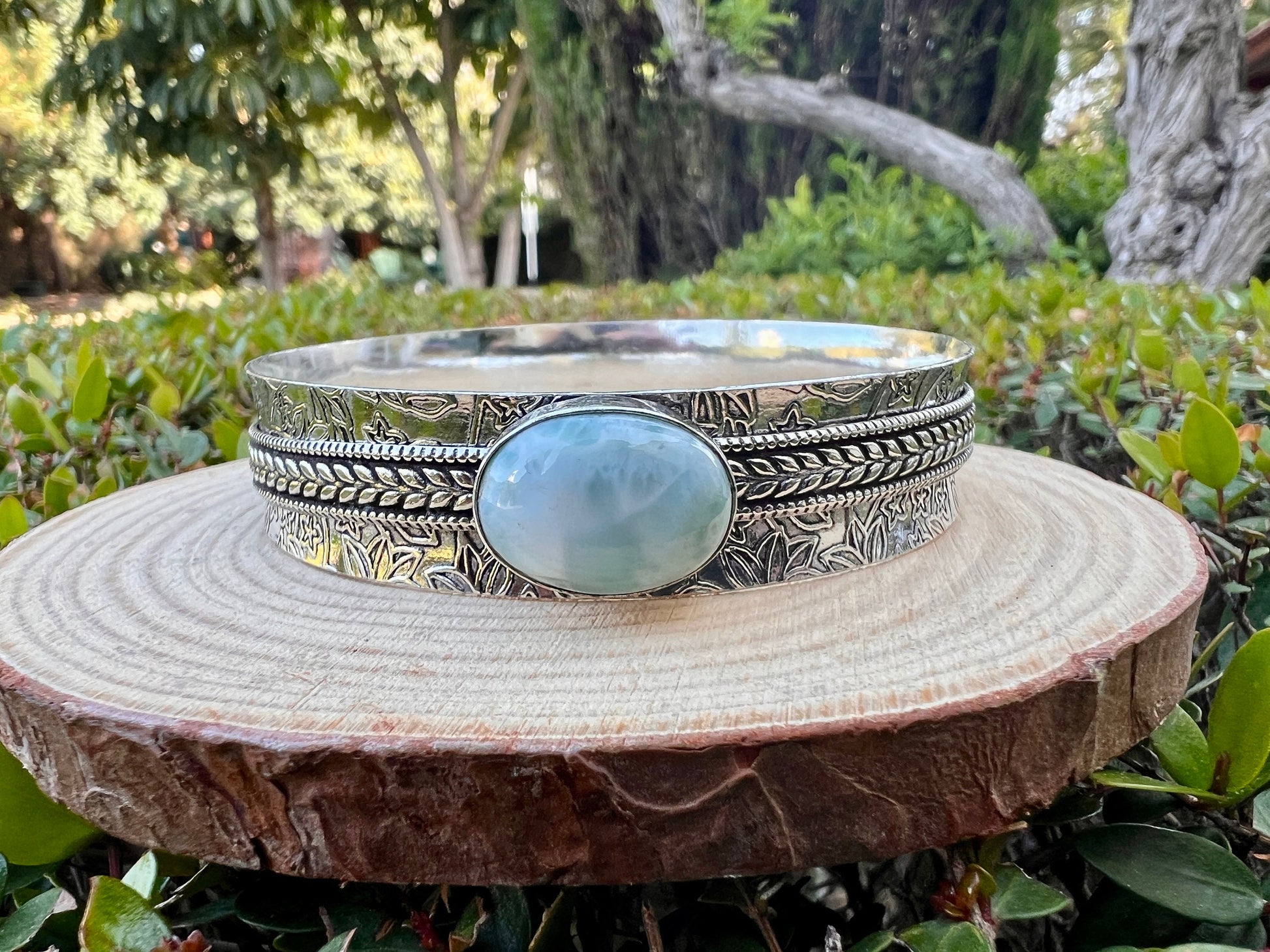 Larimar Gemstone Sterling Silver Bracelet, Boho Cuff