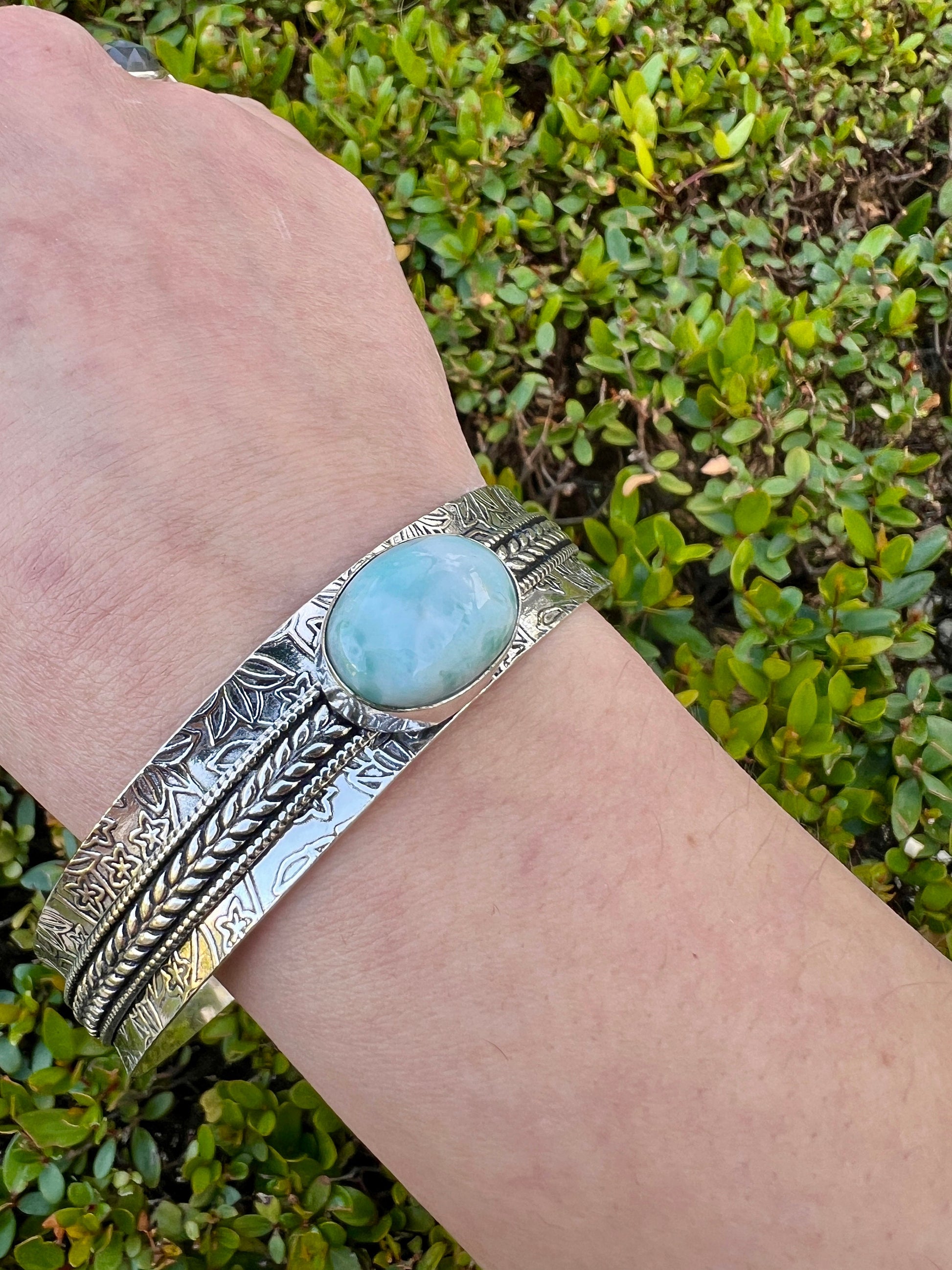Larimar Gemstone Sterling Silver Bracelet, Boho Cuff