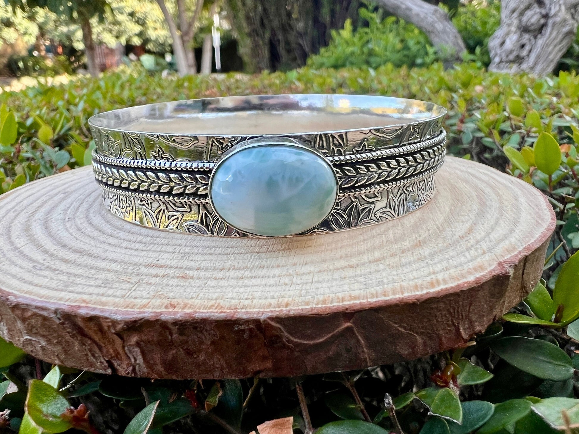 Larimar Gemstone Sterling Silver Bracelet, Boho Cuff
