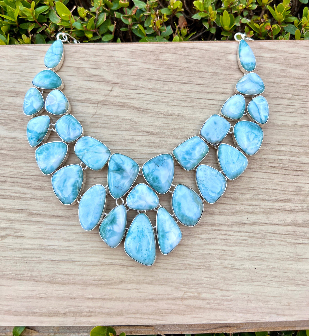 Natural Larimar Necklace And Bracelet Set In Sterling Silver, Multi Stone Statement Jewelry, 41 Stone Set MADE TO ORDER