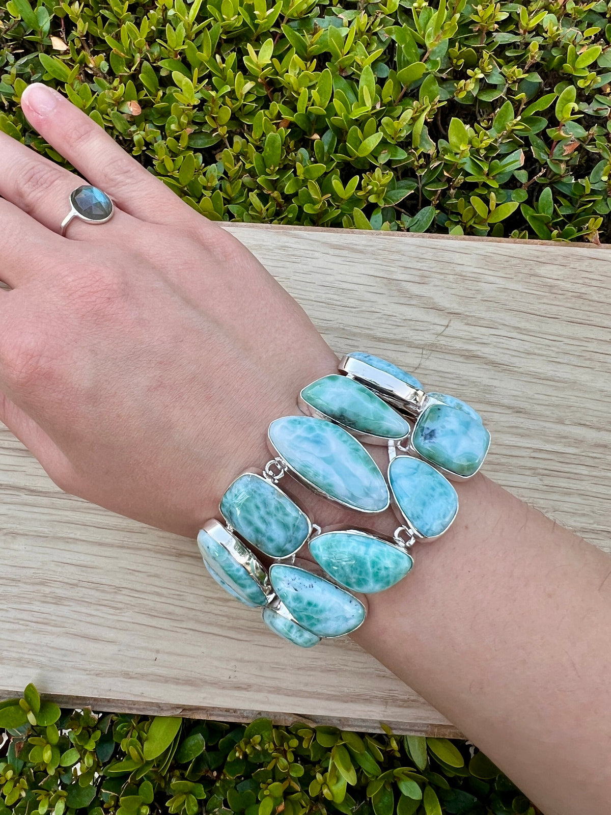 Natural Larimar Necklace And Bracelet Set In Sterling Silver, Multi Stone Statement Jewelry, 41 Stone Set MADE TO ORDER