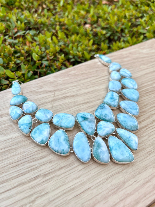 Natural Larimar Necklace And Bracelet Set In Sterling Silver, Multi Stone Statement Jewelry, 41 Stone Set MADE TO ORDER