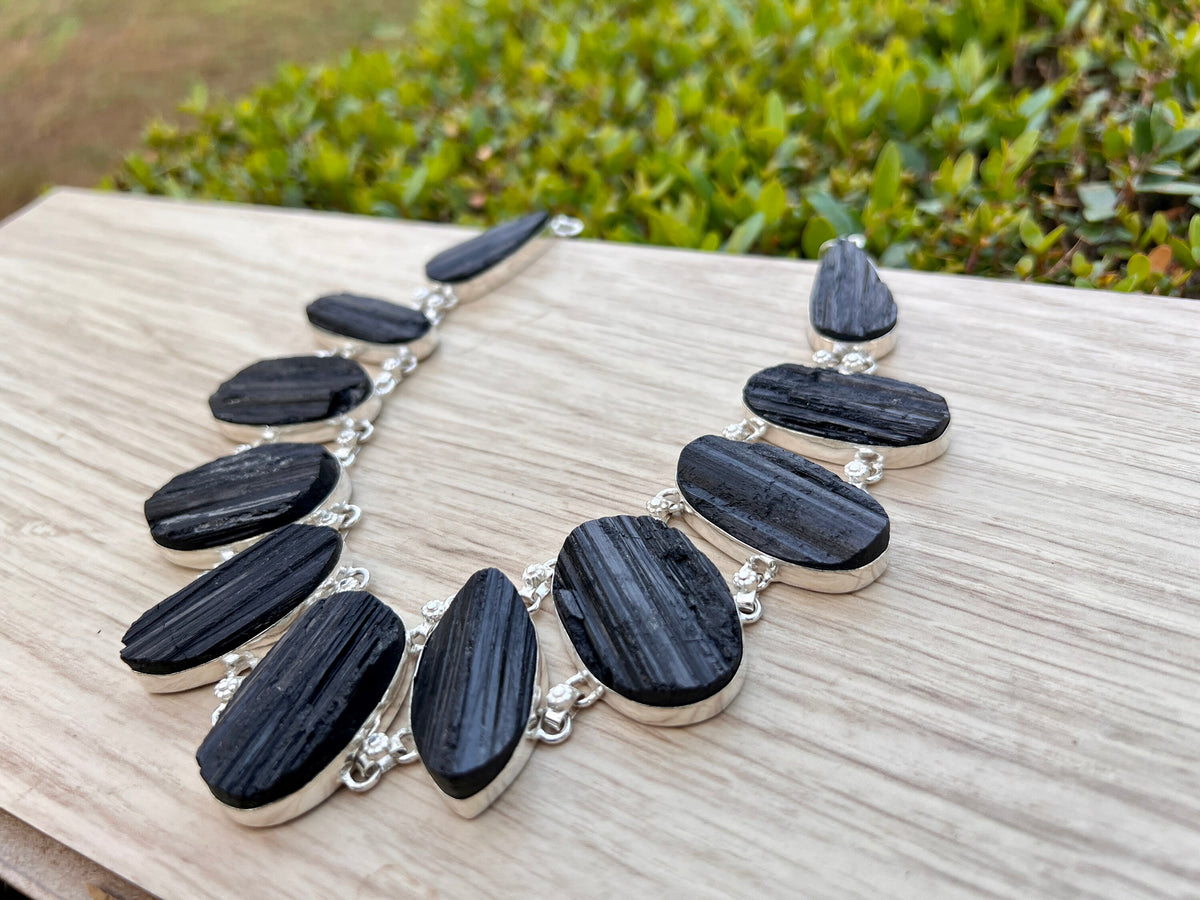 Raw Black Tourmaline Statement Necklace In Sterling Silver, 11 Stones, Multi Stone Necklace, Crystal Necklace