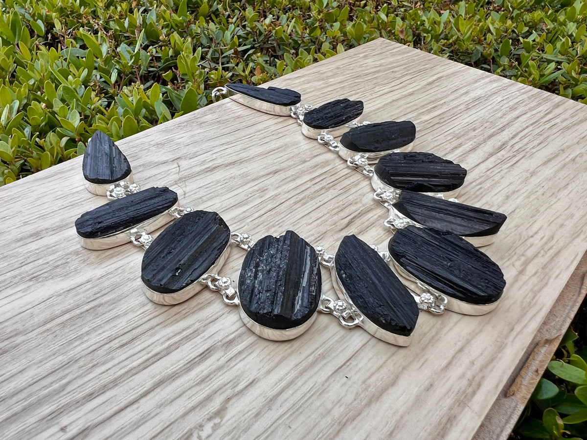 Raw Black Tourmaline Statement Necklace In Sterling Silver, 11 Stones, Multi Stone Necklace, Crystal Necklace