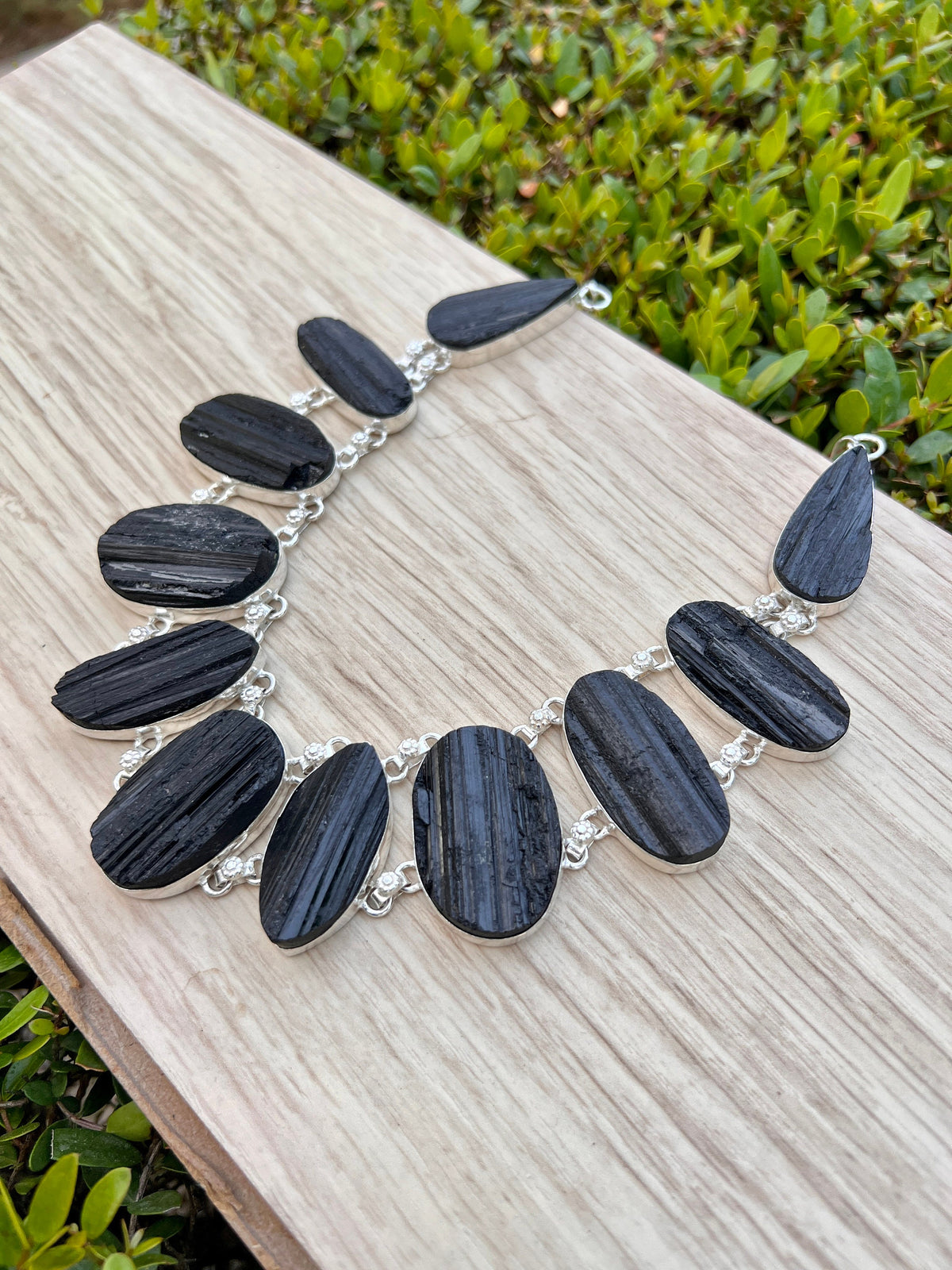 Raw Black Tourmaline Statement Necklace In Sterling Silver, 11 Stones, Multi Stone Necklace, Crystal Necklace