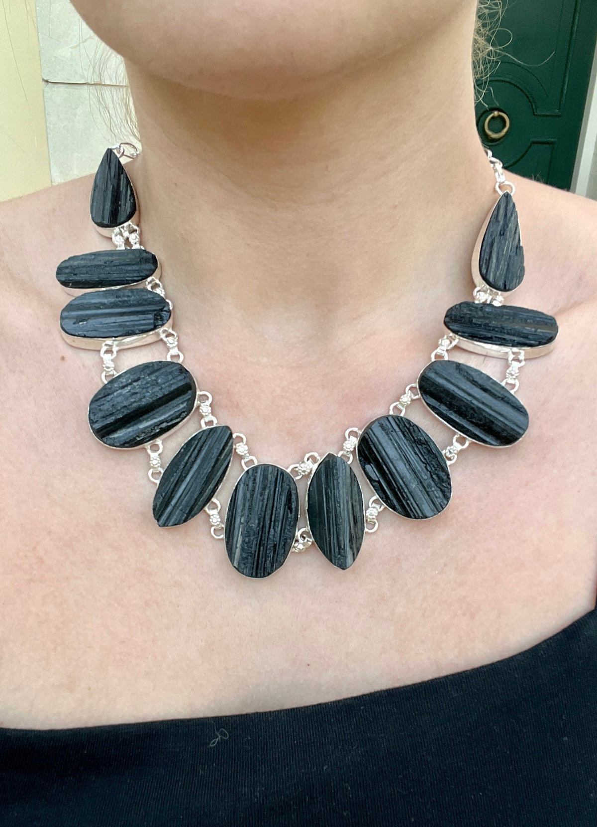 Raw Black Tourmaline Statement Necklace In Sterling Silver, 11 Stones, Multi Stone Necklace, Crystal Necklace