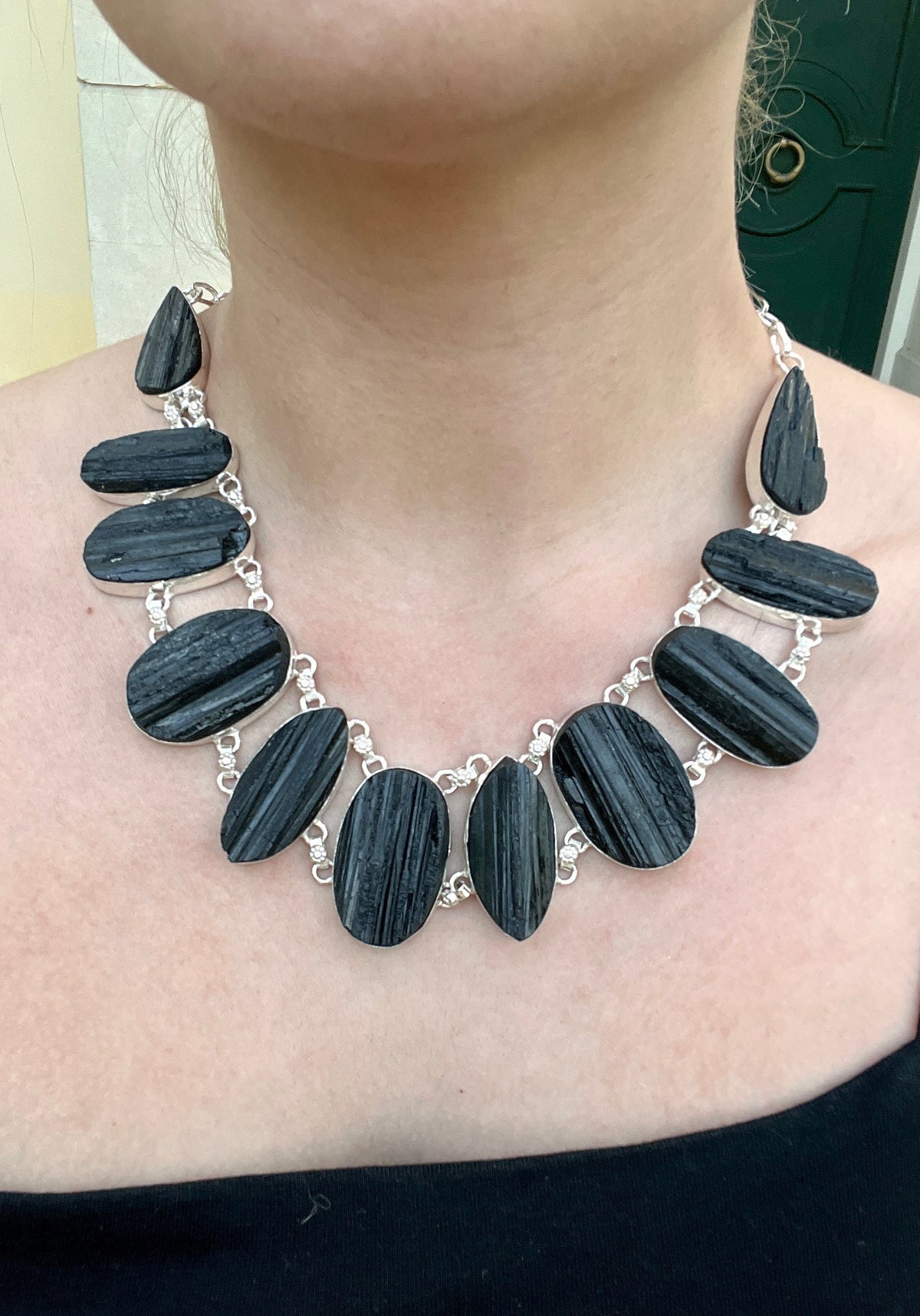 Raw Black Tourmaline Statement Necklace In Sterling Silver, 11 Stones, Multi Stone Necklace, Crystal Necklace