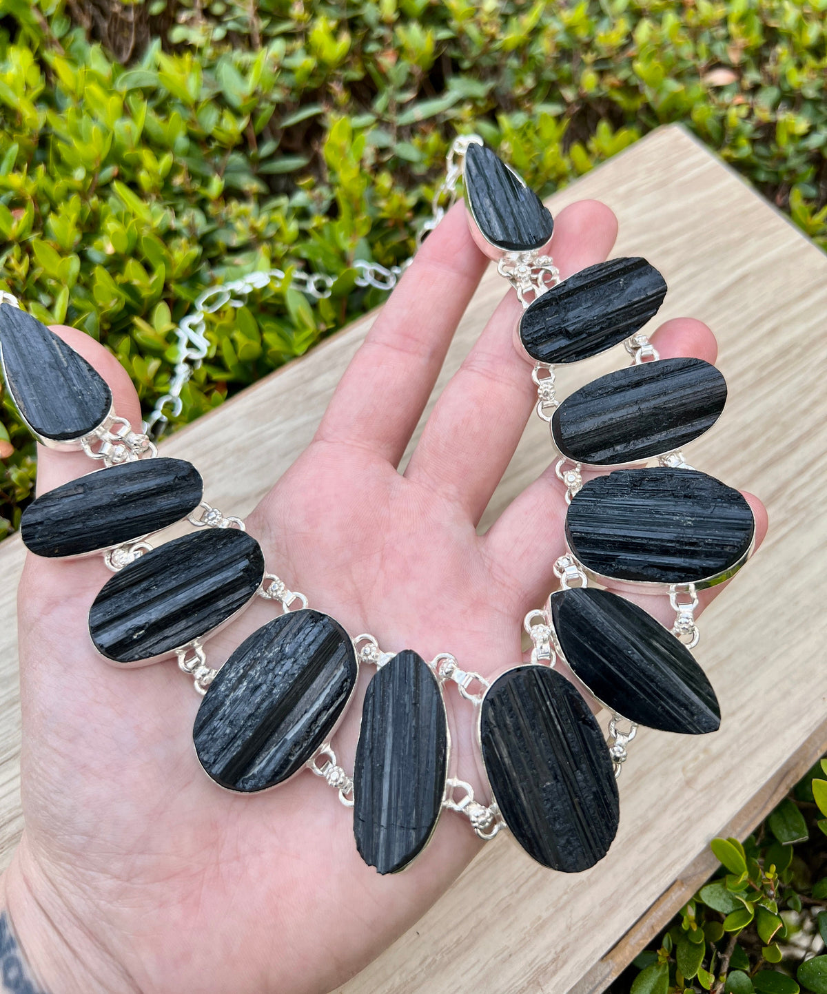 Raw Black Tourmaline Statement Necklace In Sterling Silver, 11 Stones, Multi Stone Necklace, Crystal Necklace