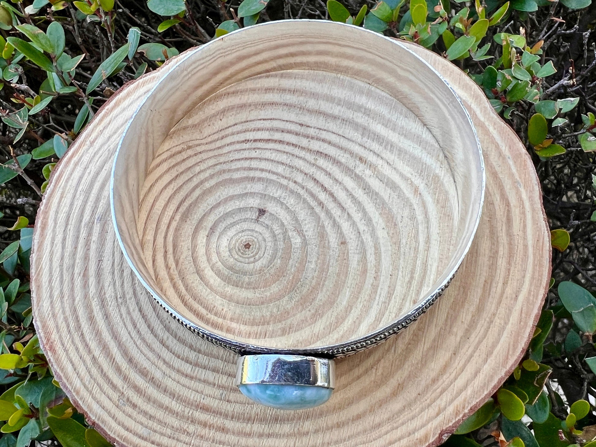 Larimar Gemstone Sterling Silver Bracelet, Boho Cuff