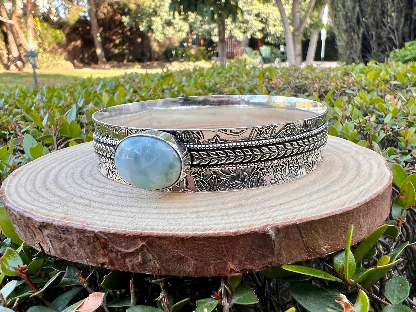Larimar Gemstone Sterling Silver Bracelet, Boho Cuff