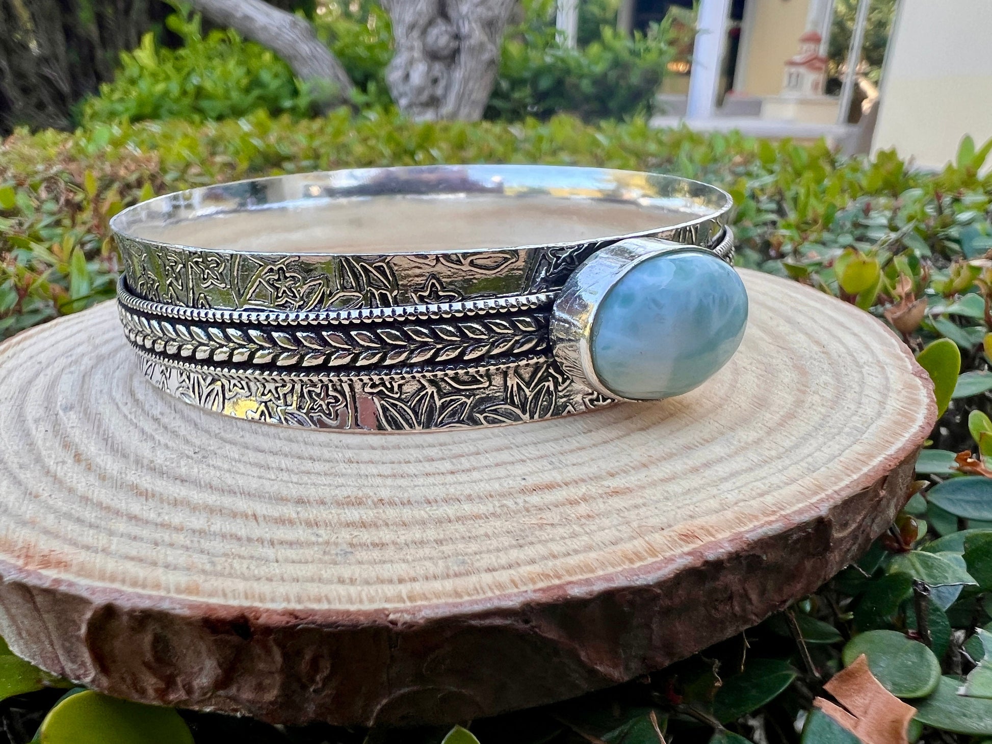 Larimar Gemstone Sterling Silver Bracelet, Boho Cuff