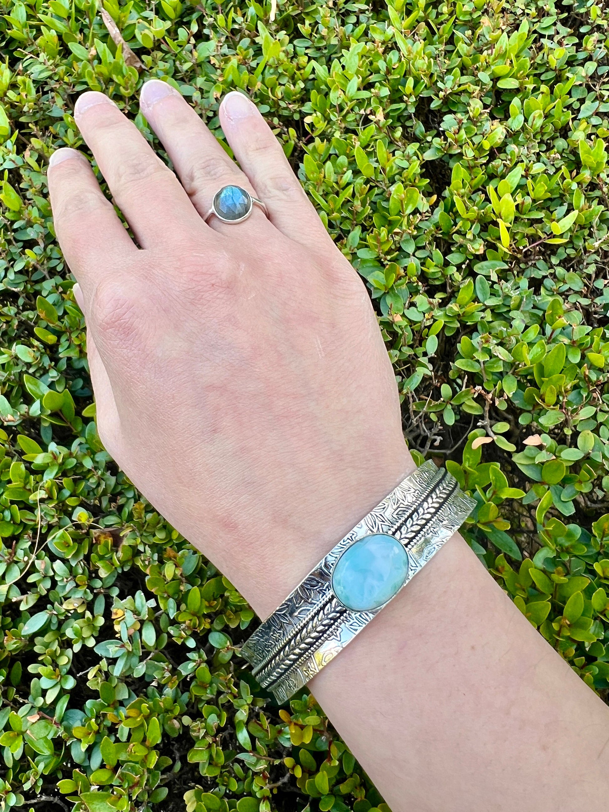 Larimar Gemstone Sterling Silver Bracelet, Boho Cuff