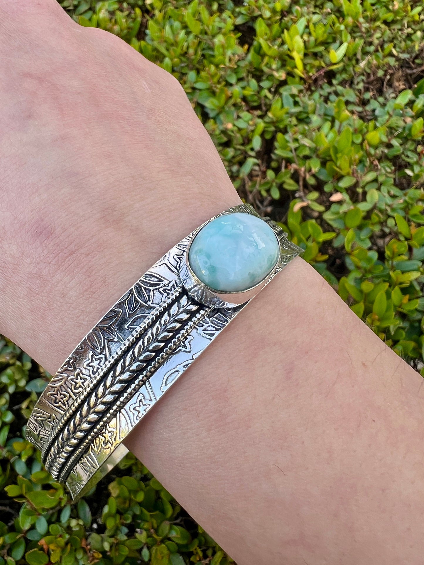 Larimar Gemstone Sterling Silver Bracelet, Boho Cuff