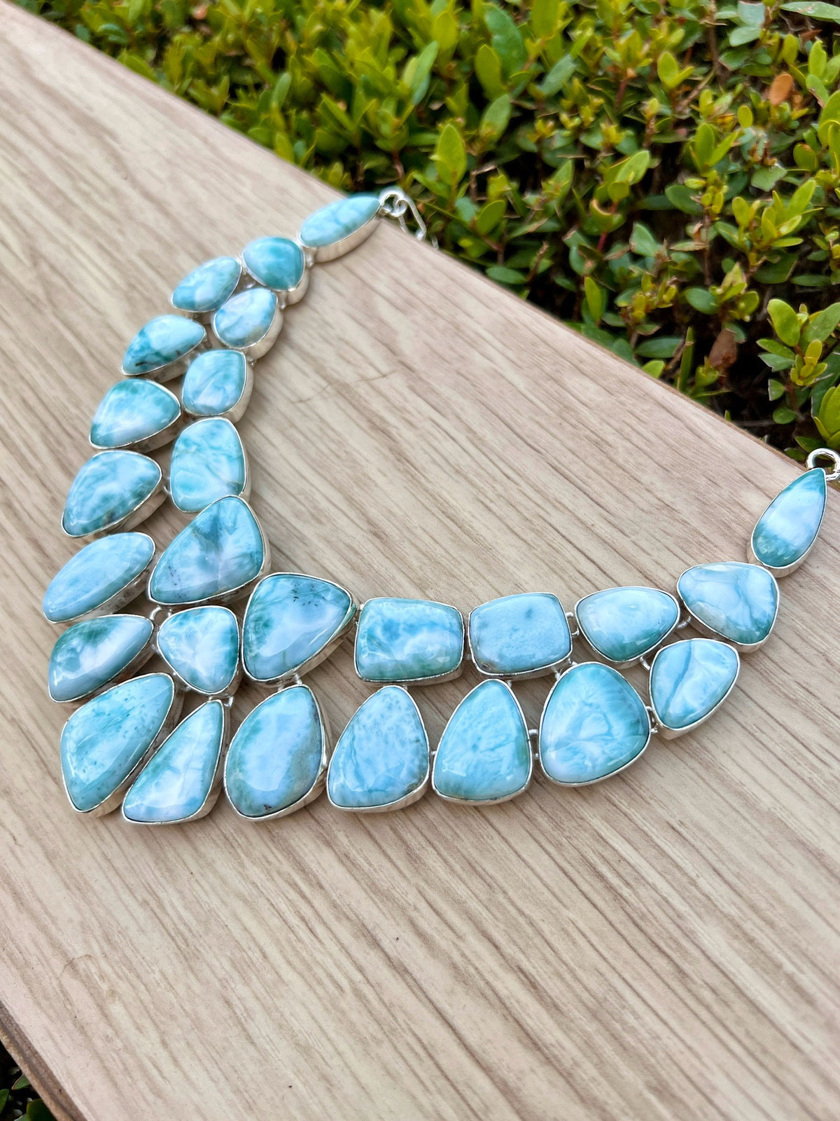 Natural Larimar Necklace And Bracelet Set In Sterling Silver, Multi Stone Statement Jewelry, 41 Stone Set MADE TO ORDER