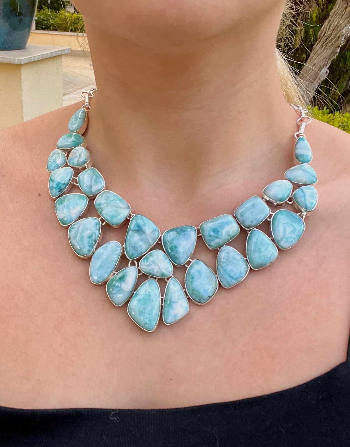 Natural Larimar Necklace And Bracelet Set In Sterling Silver, Multi Stone Statement Jewelry, 41 Stone Set MADE TO ORDER