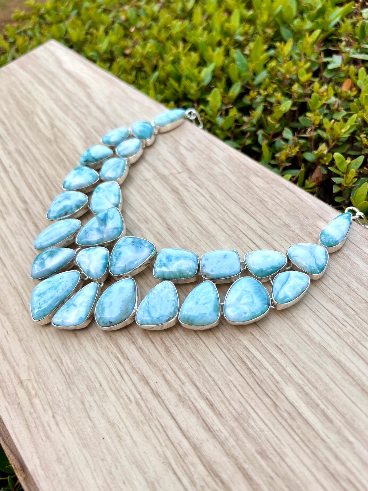 Natural Larimar Necklace And Bracelet Set In Sterling Silver, Multi Stone Statement Jewelry, 41 Stone Set MADE TO ORDER