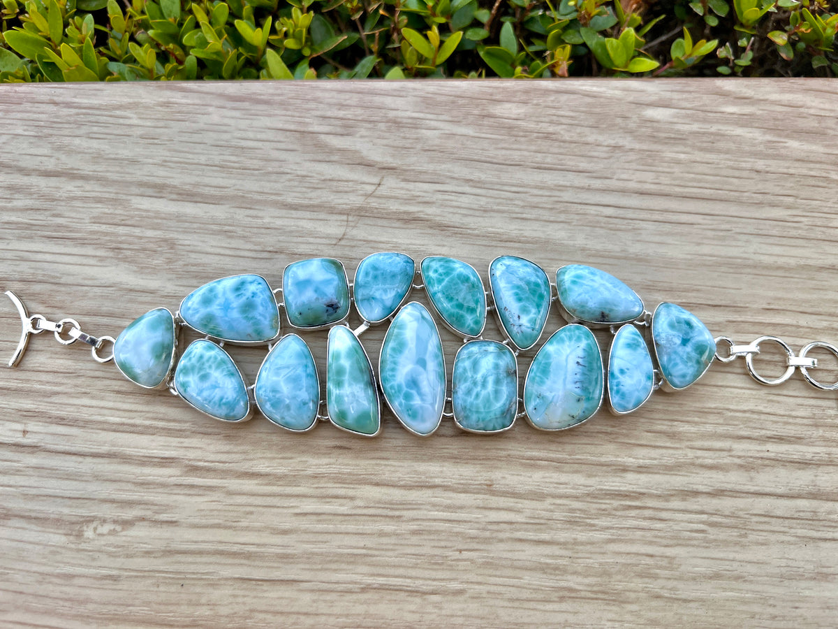 Natural Larimar Necklace And Bracelet Set In Sterling Silver, Multi Stone Statement Jewelry, 41 Stone Set MADE TO ORDER