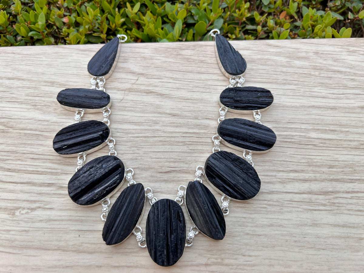 Raw Black Tourmaline Statement Necklace In Sterling Silver, 11 Stones, Multi Stone Necklace, Crystal Necklace