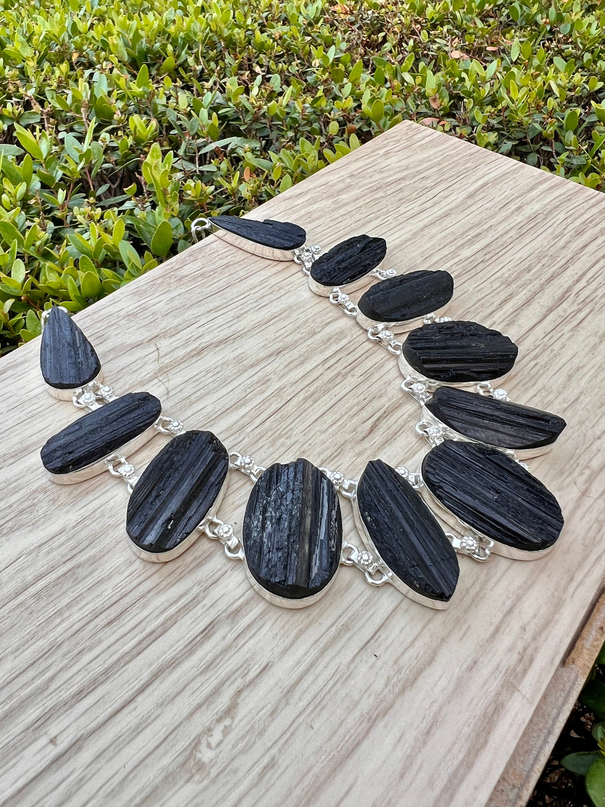 Raw Black Tourmaline Statement Necklace In Sterling Silver, 11 Stones, Multi Stone Necklace, Crystal Necklace