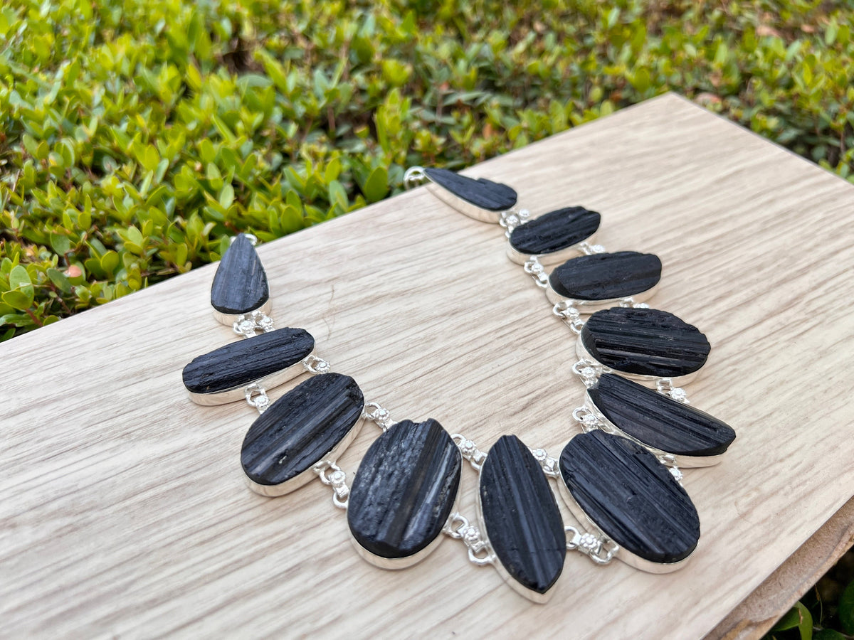 Raw Black Tourmaline Statement Necklace In Sterling Silver, 11 Stones, Multi Stone Necklace, Crystal Necklace