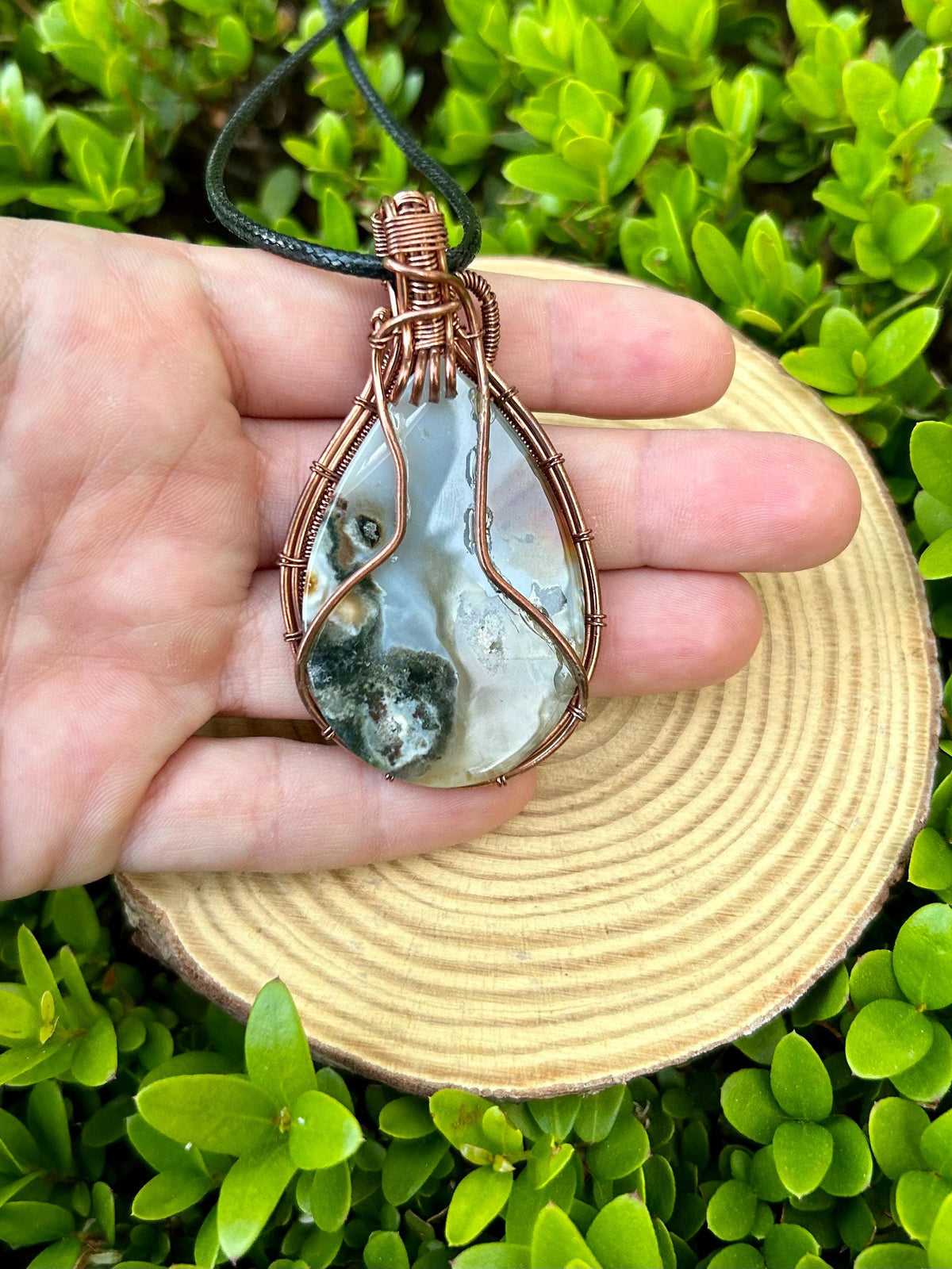 Moss Agate Pendant Necklace Wire Wrapped Crystal Necklace