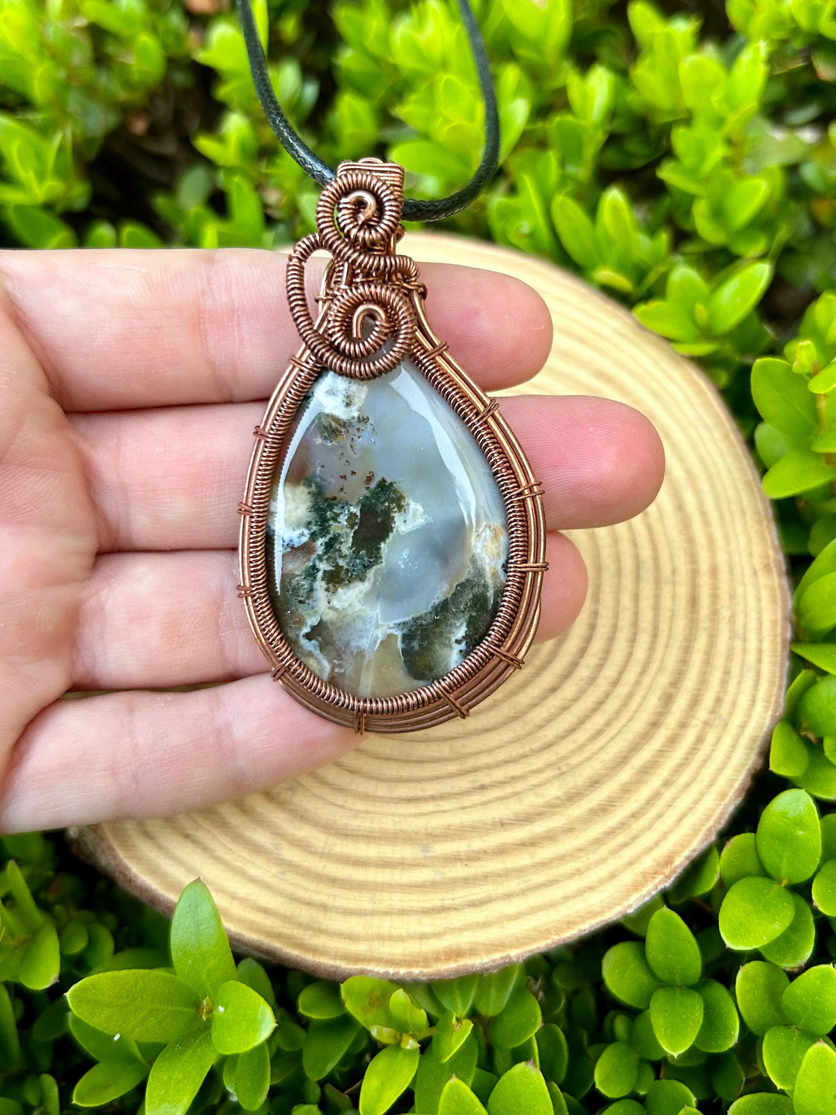 Moss Agate Pendant Necklace Wire Wrapped Crystal Necklace
