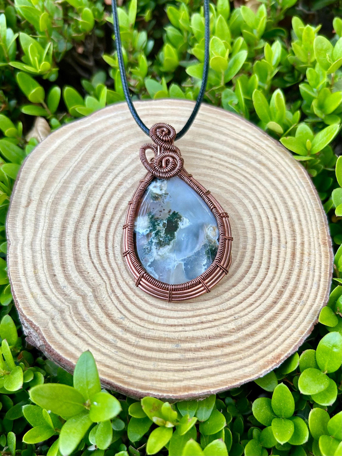 Moss Agate Pendant Necklace Wire Wrapped Crystal Necklace