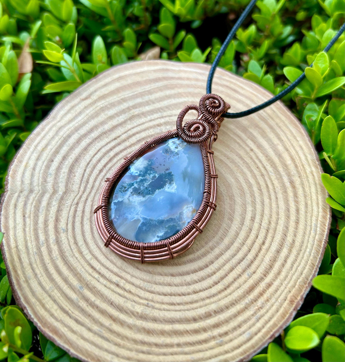 Moss Agate Pendant Necklace Wire Wrapped Crystal Necklace