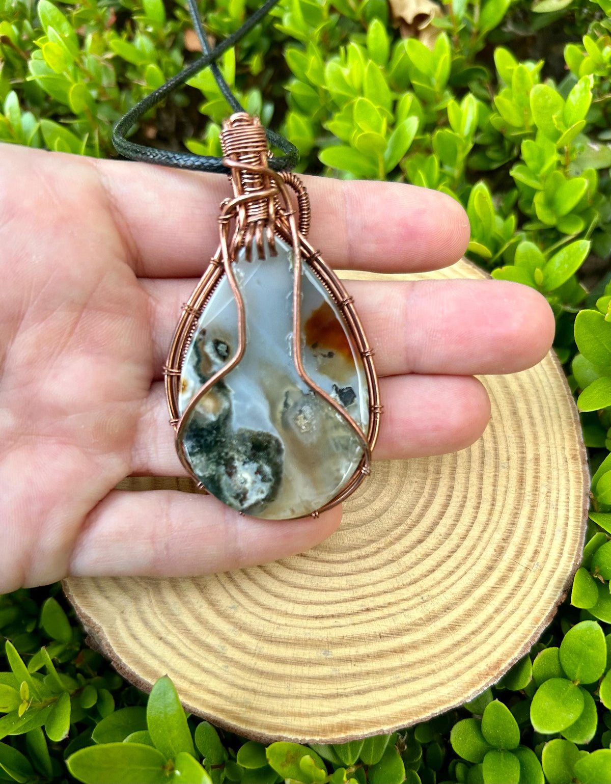 Moss Agate Pendant Necklace Wire Wrapped Crystal Necklace