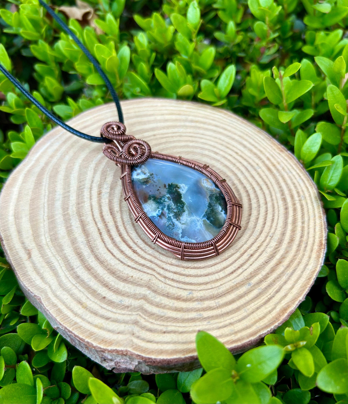 Big Moss Agate Pendant, Wire Wrapped Necklace