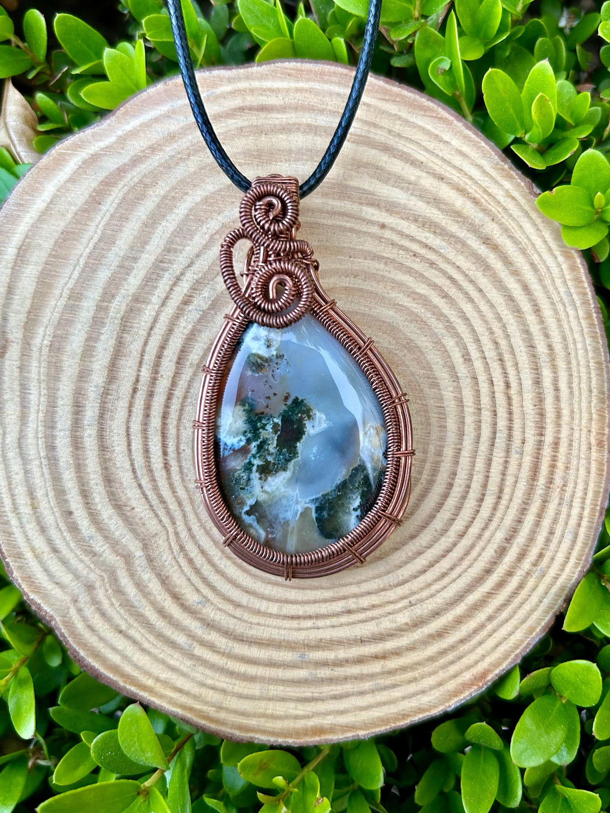 Moss Agate Pendant Necklace Wire Wrapped Crystal Necklace
