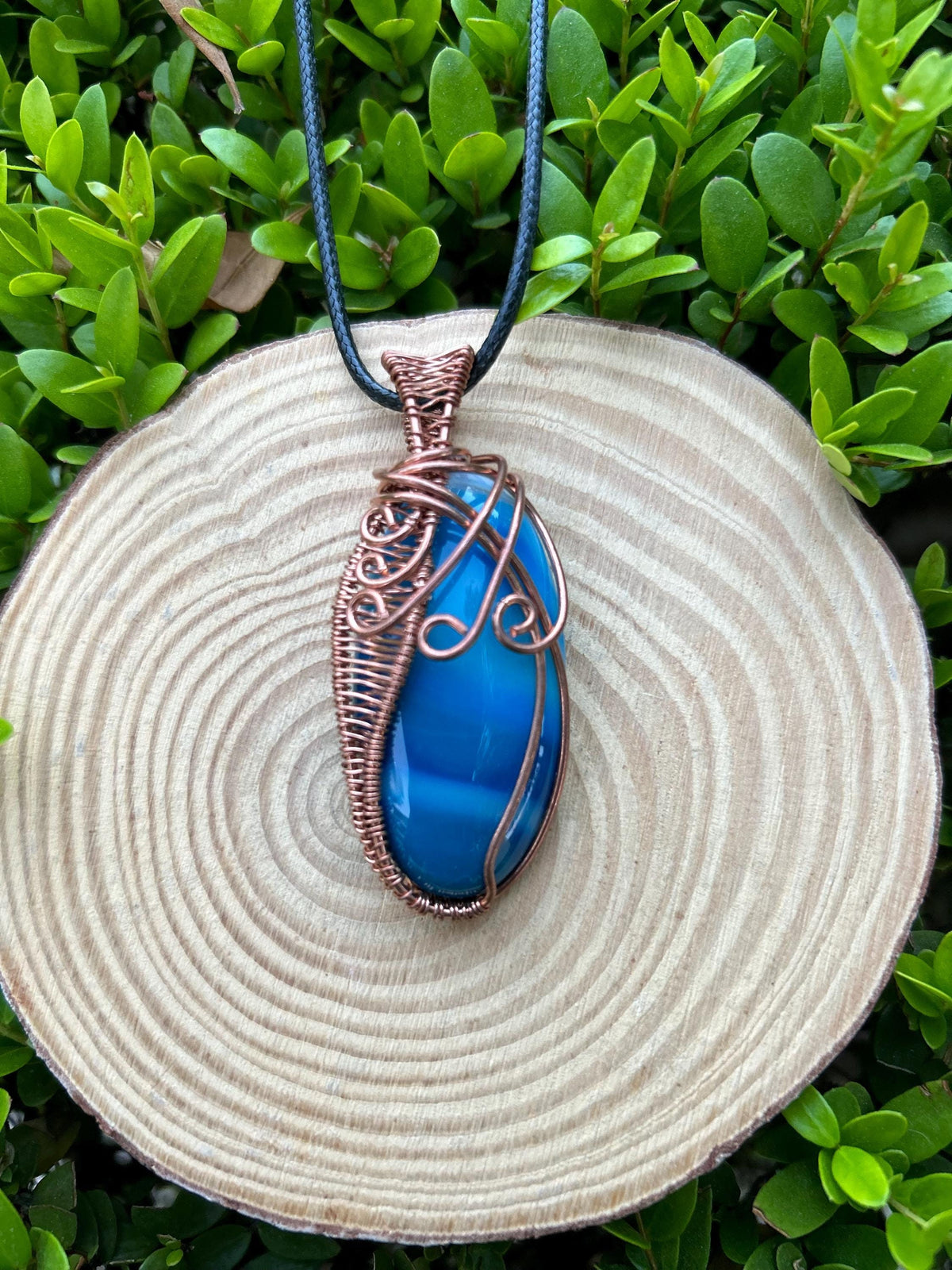 Blue Agate Necklace Copper Wire Wrapped Pendant