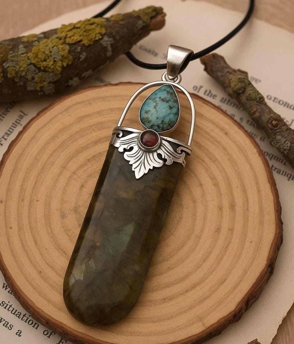 Natural Labradorite And Turquoise Necklace In Sterling Silver