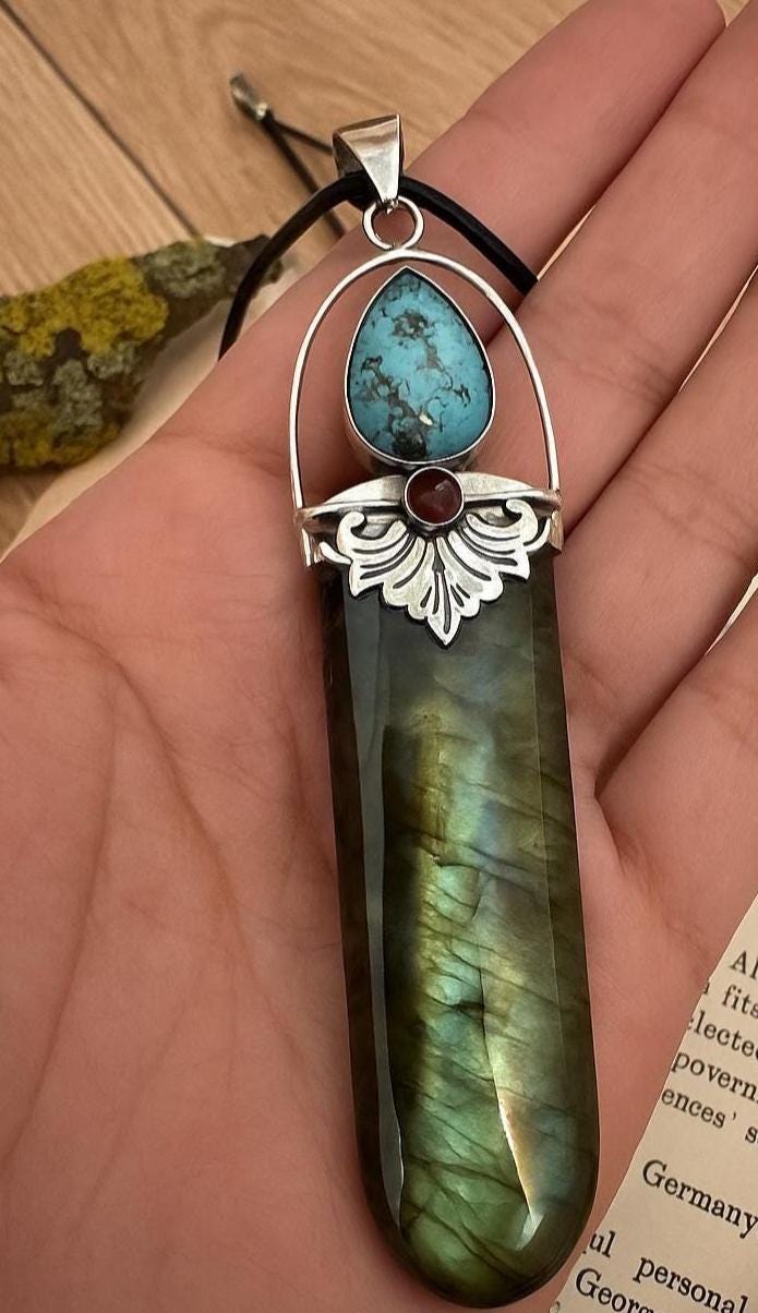 Natural Labradorite And Turquoise Necklace In Sterling Silver