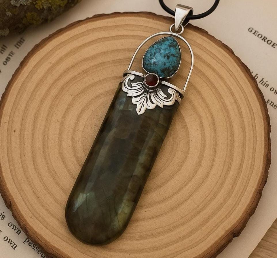 Natural Labradorite And Turquoise Necklace In Sterling Silver