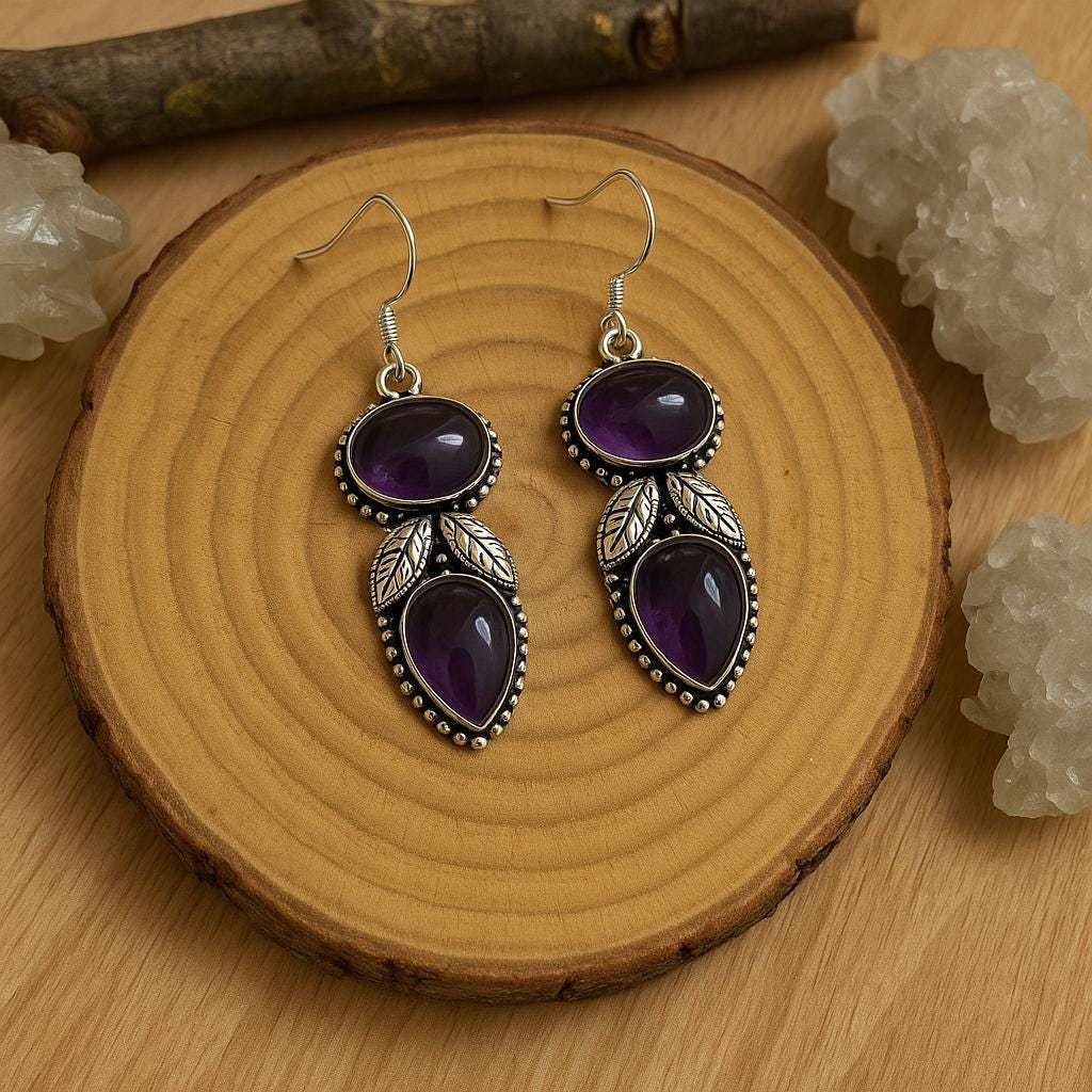 Ethnic Amethyst Earrings Sterling Silver Dangle Earrings Made To Order