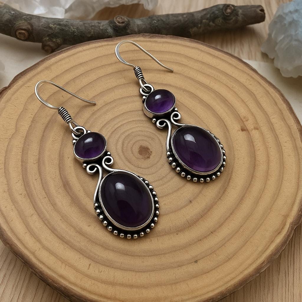 Ethnic Amethyst Earrings Sterling Silver Dangle Earrings Made To Order