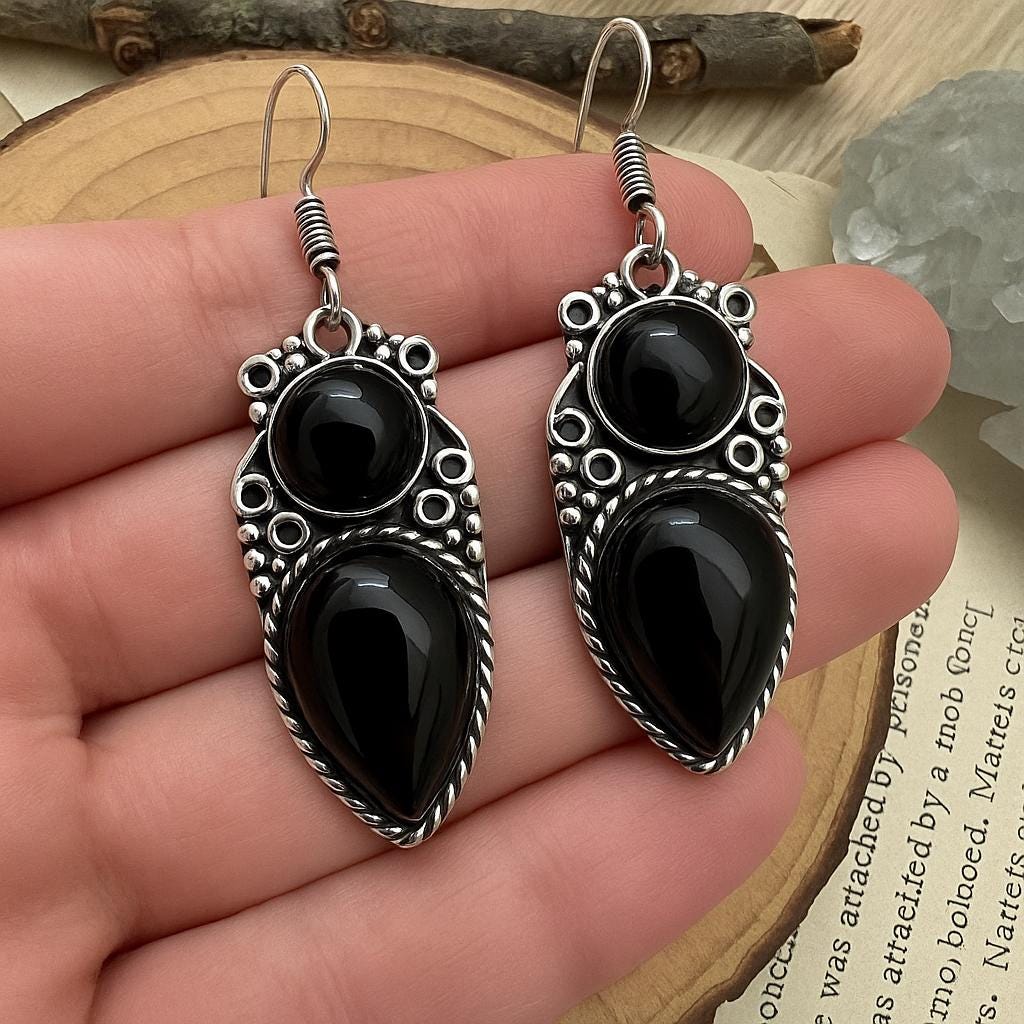Black Onyx Dangle Earrings In Sterling Silver