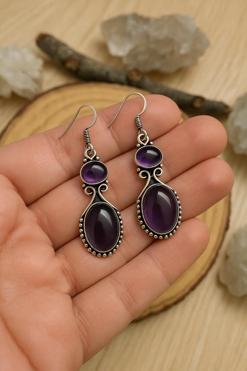 Ethnic Amethyst Earrings Sterling Silver Dangle Earrings Made To Order