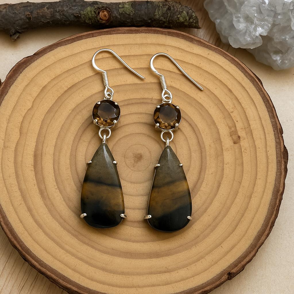 Sterling Silver Citrine and Jasper Dangle Earrings