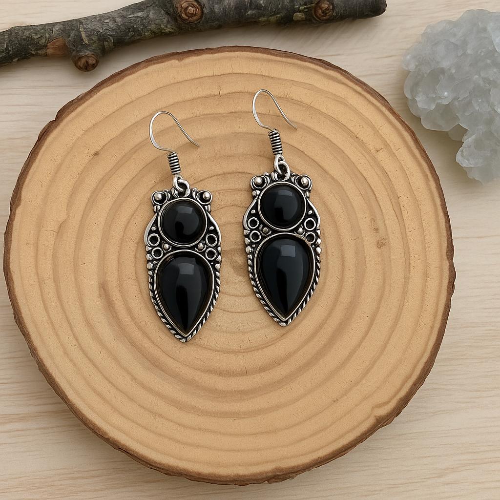 Black Onyx Dangle Earrings In Sterling Silver