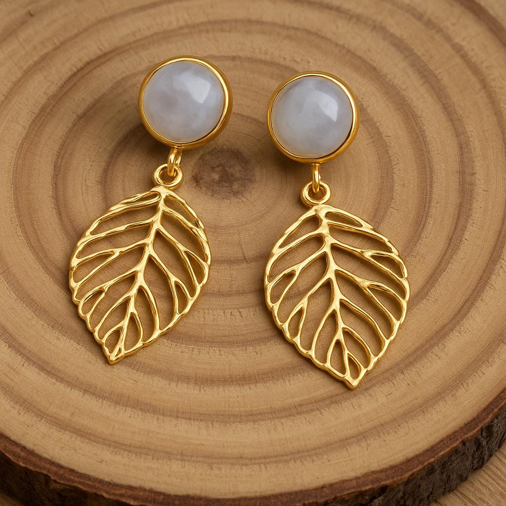 Gold Plated Moonstone Stud Earrings, Leaf Earrings