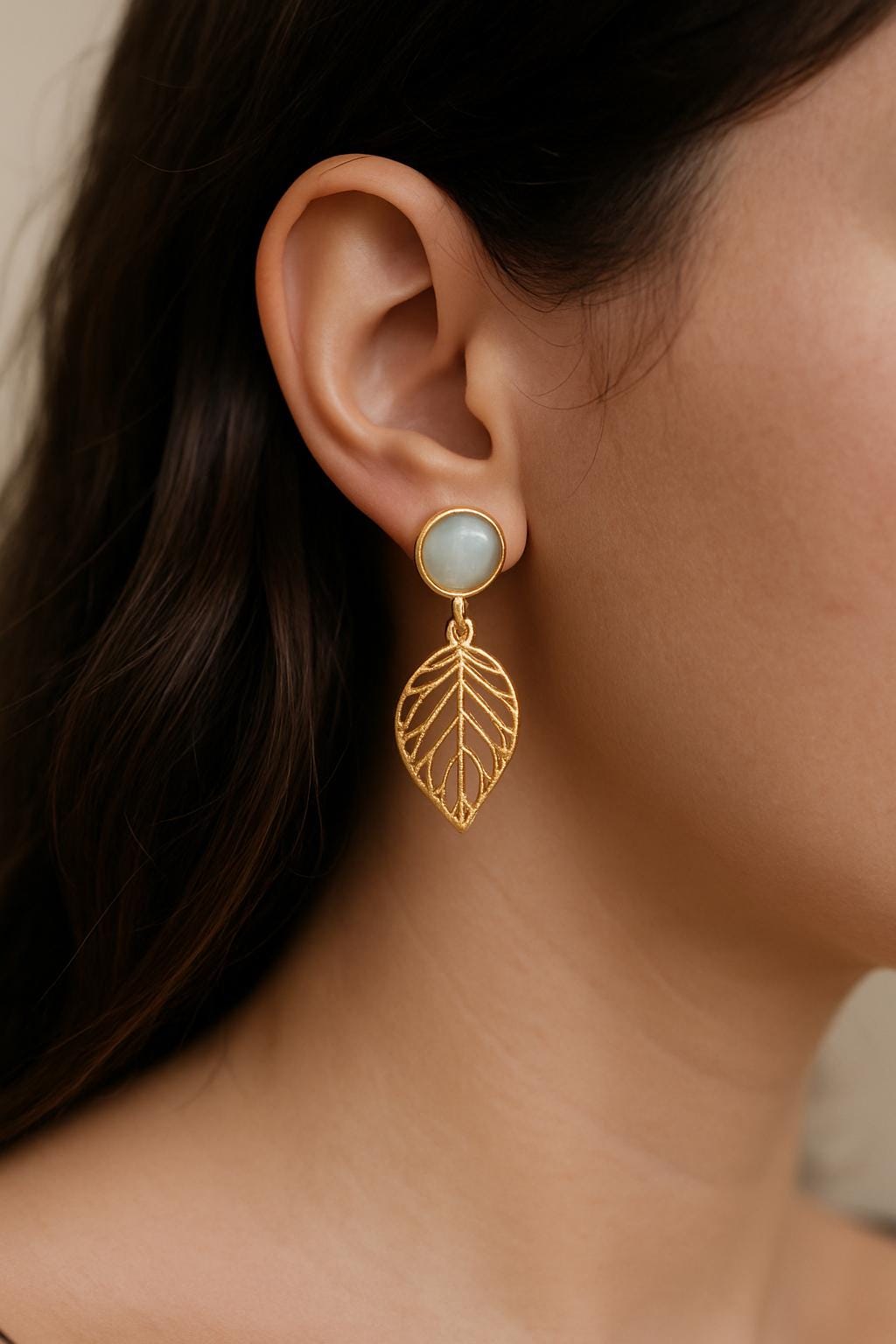 Gold Plated Moonstone Stud Earrings, Leaf Earrings