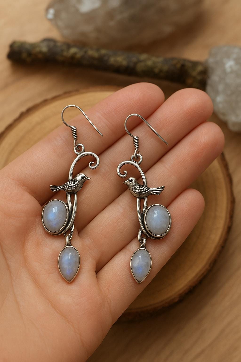 Sterling Silver Moonstone Dangle Earrings: Bird Accent, Boho Jewelry