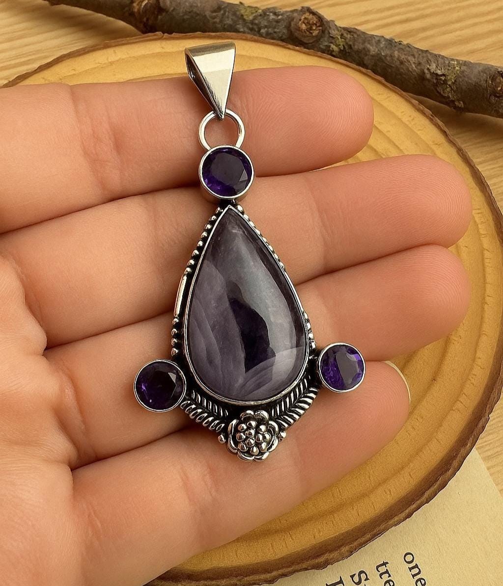 Amethyst Statement Pendant In Sterling Silver, Multi Stone Crystal Necklace