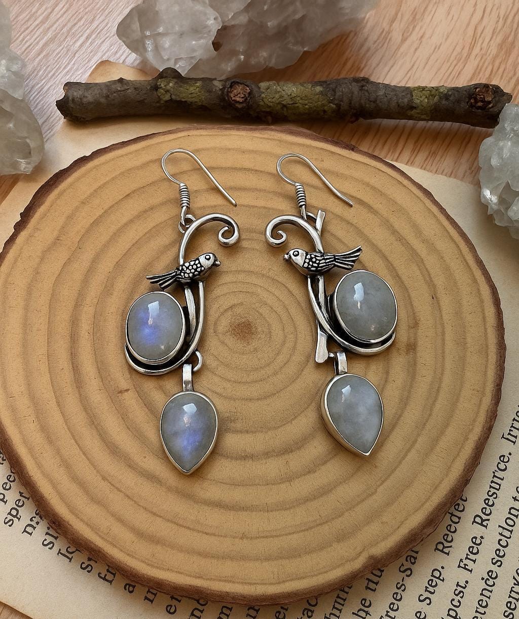 Sterling Silver Moonstone Dangle Earrings: Bird Accent, Boho Jewelry