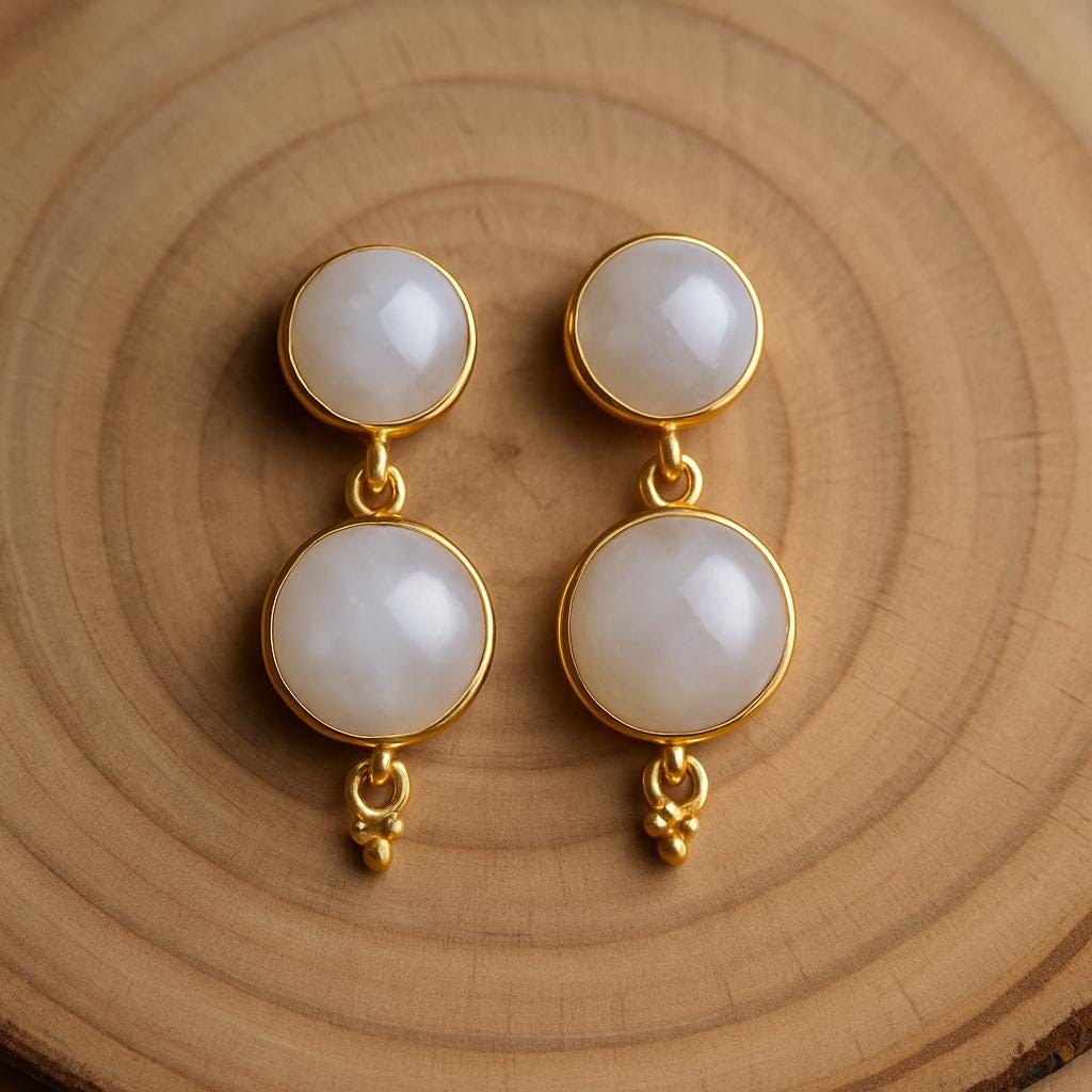 Gold Plated Moonstone Stud Earrings, 2 stone earrings