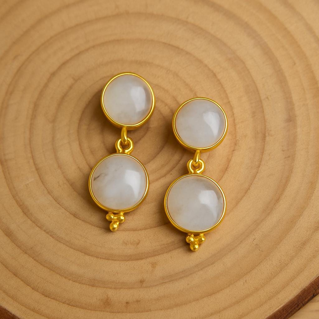 Gold Plated Moonstone Stud Earrings, 2 stone earrings